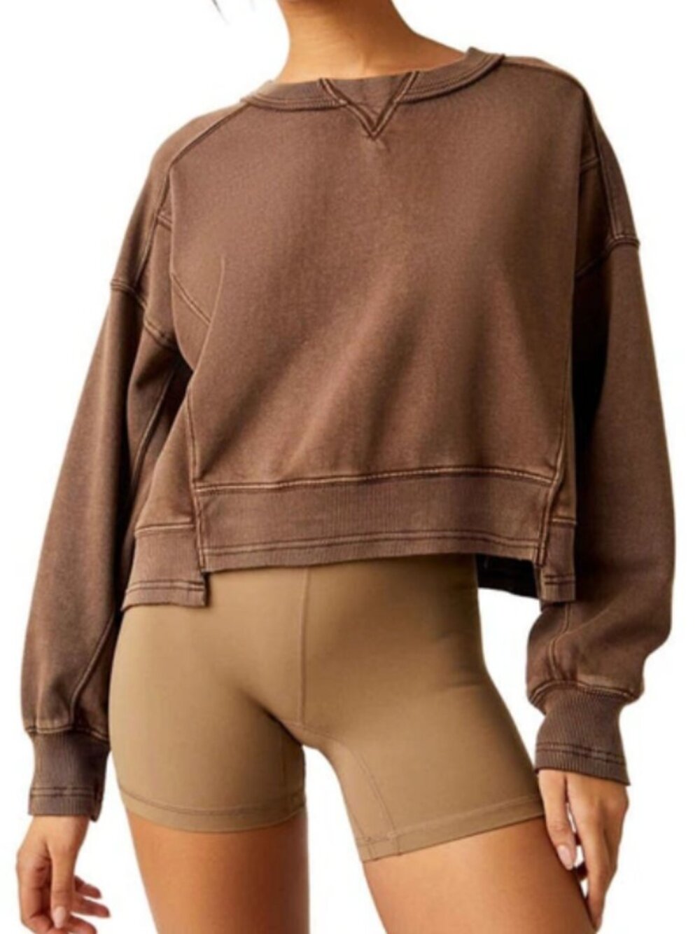 Free People Intercept Pullover Brown Cropped Long Sleeve Crew Neck Boxy Top M